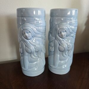 Pair Of Vintage Blue Mermaid Ceramic Tiki Mugs DW109